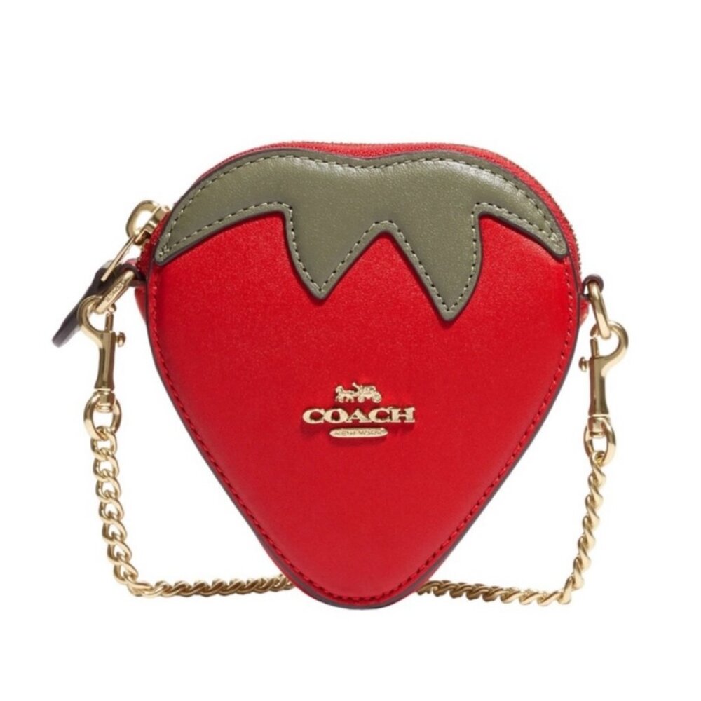 COACH Strawberry Shape Coin Pouch Bag Chain Crossbody Electric Red NWT